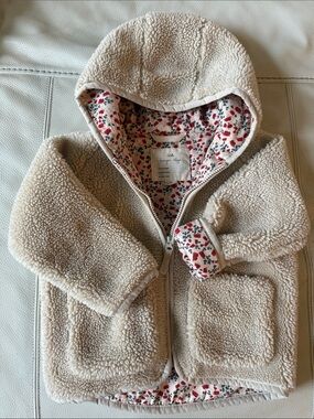 Kids Cream Sherpa Hooded Jacket with Floral Lining